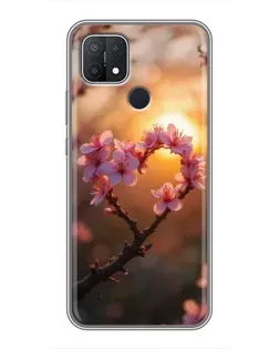 Чехол для OPPO A15s с картинкой «Розовый цвет сердце на фоне заката»