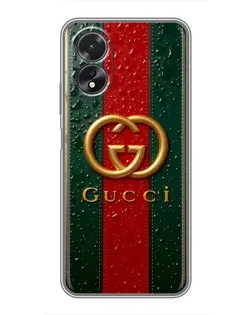 Чехол для OPPO A17 с картинкой «Gucci — фирменная полоса и золото» Чехол для OPPO A17 с картинкой «Gucci — фирменная полоса и золото»