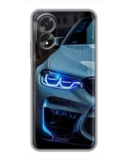 Чехол для OPPO A17 с картинкой «Взгляд BMW с синими фарами»