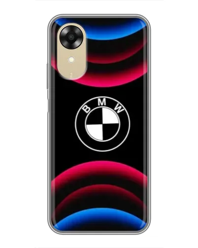 Чехол для OPPO A17k с картинкой «Логотип BMW и неоновые дуги»