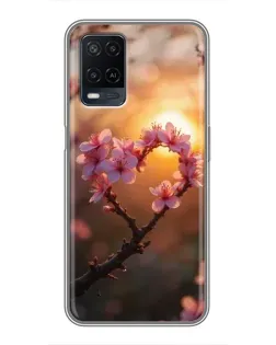 Чехол для OPPO A54 с картинкой «Розовый цвет сердце на фоне заката»