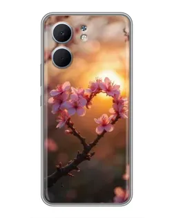 Чохол для OPPO A5x з картинкою «Рожевий цвіт  сердечко на тлі заходу»