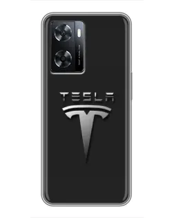 Чехол для OPPO A77 с картинкой «Стальной логотип Tesla»