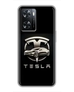 Чехол для OPPO A77 с картинкой «Tesla — серебристое авто»