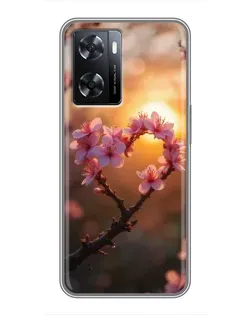 Чохол для OPPO A77 з картинкою «Рожевий цвіт  сердечко на тлі заходу»