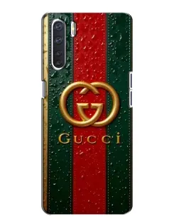 Чехол для OPPO A91 с картинкой «Gucci — фирменная полоса и золото»