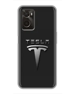Чехол для OPPO A96 с картинкой «Стальной логотип Tesla»