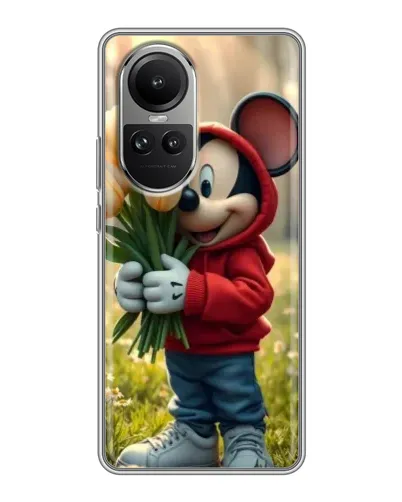 Чехол для OPPO Reno 10 с картинкой «Микки с тюльпанами»