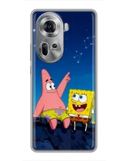 Чехол для OPPO Reno 11 5G с картинкой «Губка Боб и Патрик ночью»