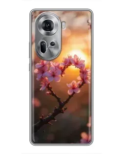 Чехол для OPPO Reno 11 5G с картинкой «Розовый цвет сердце на фоне заката»