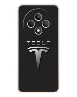 Чехол для OPPO Reno 12 F с картинкой «Стальной логотип Tesla»