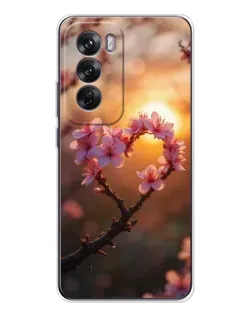 Чохол для OPPO Reno 12 з картинкою «Рожевий цвіт  сердечко на тлі заходу»