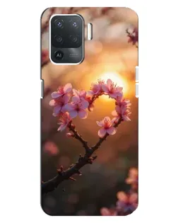 Чохол для OPPO Reno 5 Lite з картинкою «Рожевий цвіт  сердечко на тлі заходу»