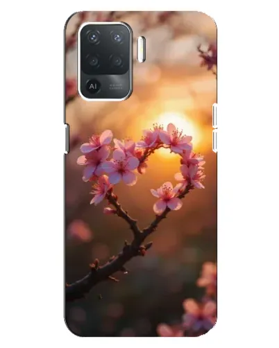 Чохол для OPPO Reno 5 Lite з картинкою «Рожевий цвіт  сердечко на тлі заходу»