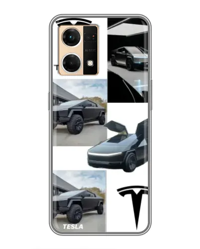 Чехол для OPPO Reno7 4G с картинкой «Коллаж Cybertruck Tesla»