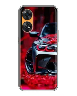 Чехол для OPPO Reno 8T с картинкой «Спортивная BMW и цветы»