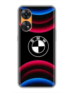 Чехол для OPPO Reno 8T с картинкой «Логотип BMW и неоновые дуги»