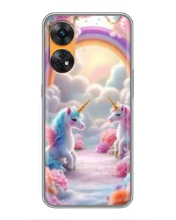 Чехол для OPPO Reno 8T с картинкой «Радуга и единороги»