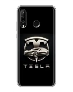 Чехол для Huawei P30 Lite / Nova 4e с картинкой «Tesla — серебристое авто»