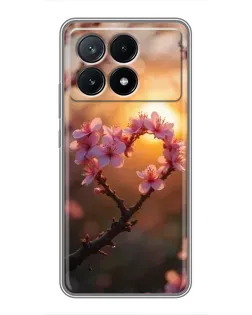 Чохол для Xiaomi POCO X6 Pro (5G) з картинкою «Рожевий цвіт  сердечко на тлі заходу»