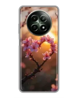 Чехол для Realme 12 5G с картинкой «Розовый цвет сердце на фоне заката»