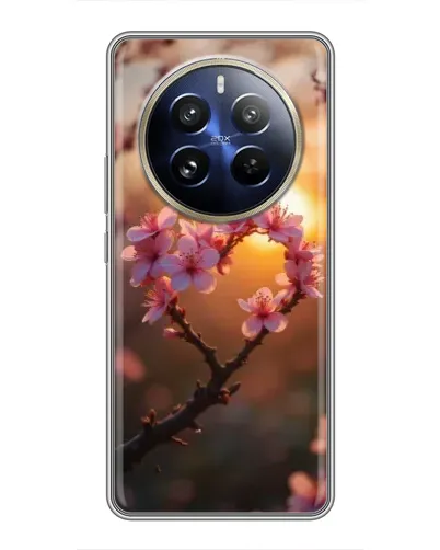 Чохол для Realme 12 Pro з картинкою «Рожевий цвіт  сердечко на тлі заходу»