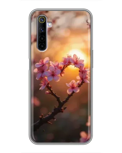 Чехол для Realme 6 с картинкой «Розовый цвет сердце на фоне заката»