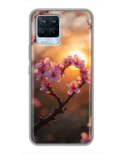 Чехол для Realme 8 с картинкой «Розовый цвет сердце на фоне заката»