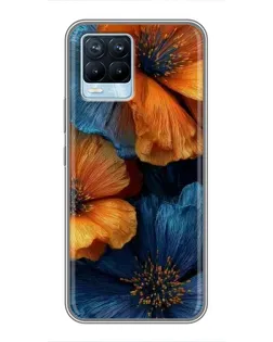 Чехол для Realme 8 с картинкой «Яркая сине-оранжевая флора»