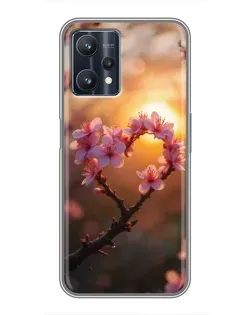 Чехол для Realme 9 Pro с картинкой «Розовый цвет сердце на фоне заката»