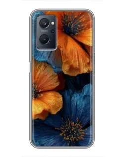 Чехол для Realme 9i с картинкой «Яркая сине-оранжевая флора»