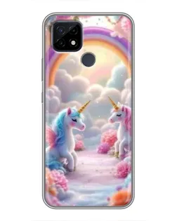 Чехол для Realme C21 с картинкой «Радуга и единороги»