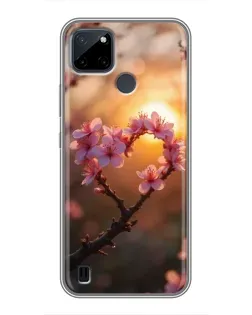 Чохол для Realme C25Y з картинкою «Рожевий цвіт  сердечко на тлі заходу»