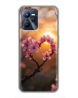 Чохол для Realme C35 з картинкою «Рожевий цвіт  сердечко на тлі заходу»