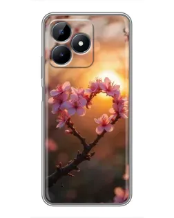 Чехол для Realme C51 с картинкой «Розовый цвет сердце на фоне заката»