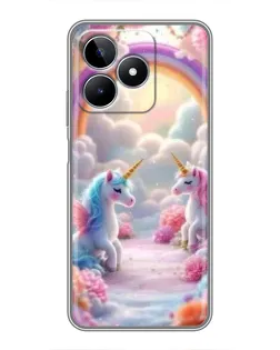 Чехол для Realme C53 с картинкой «Радуга и единороги»