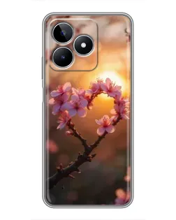 Чехол для Realme C53 с картинкой «Розовый цвет сердце на фоне заката»