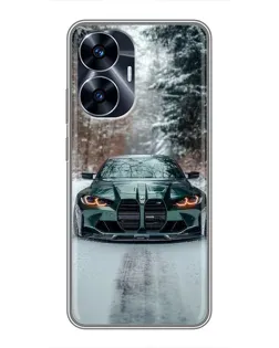 Чехол для Realme C55 с картинкой «BMW в зимнем лесу»