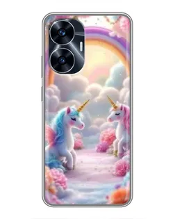 Чехол для Realme C55 с картинкой «Радуга и единороги»
