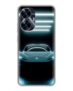 Чехол для Realme C55 с картинкой «Tesla в неоне»