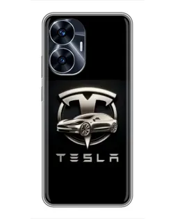 Чехол для Realme C55 с картинкой «Tesla — серебристое авто»