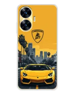 Чехол для Realme C56 с картинкой «Желтый Lamborghini город»