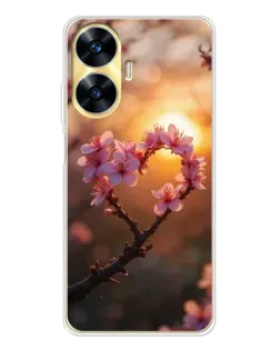 Чехол для Realme C56 с картинкой «Розовый цвет сердце на фоне заката»