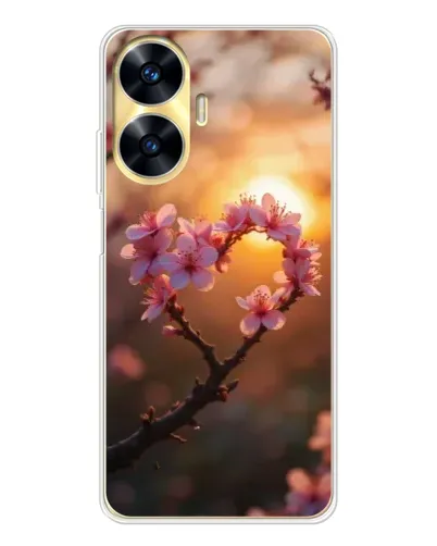 Чехол для Realme C56 с картинкой «Розовый цвет сердце на фоне заката»