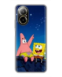 Чехол для Realme C67 с картинкой «Губка Боб и Патрик ночью»