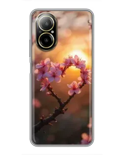 Чехол для Realme C67 с картинкой «Розовый цвет сердце на фоне заката»