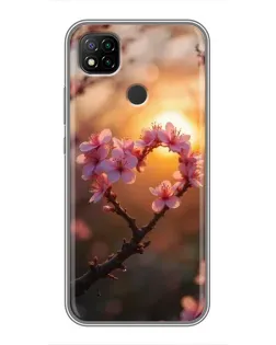 Чохол для Xiaomi Redmi 9c з картинкою «Рожевий цвіт  сердечко на тлі заходу»
