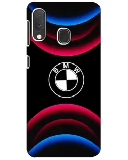 Чехол для Samsung Galaxy A20e с картинкой «Логотип BMW и неоновые дуги»