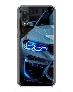 Чехол для Samsung Galaxy A02 с картинкой «Взгляд BMW с синими фарами»