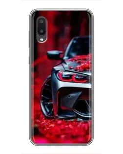 Чехол для Samsung Galaxy A02 с картинкой «Спортивная BMW и цветы»